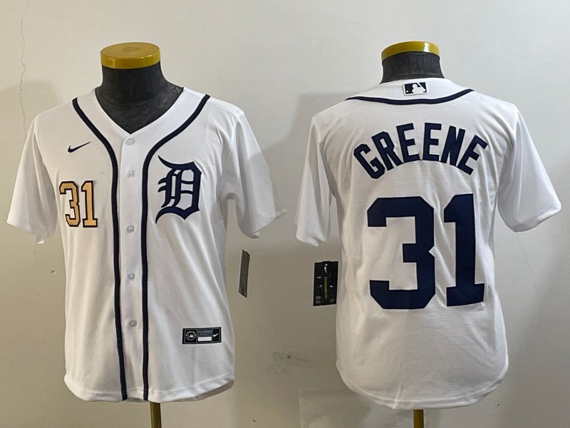 Youth Detroit Tigers #31 Riley Greene White Number 31 Gold Cool Base Stitched Baseball Jersey