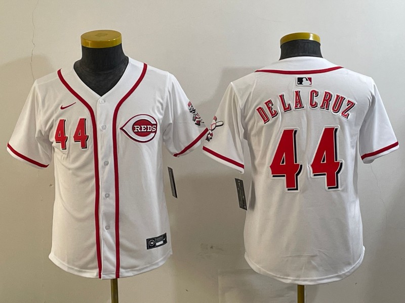 Youth Cincinnati Reds #44 Elly De La Cruz White Number Cool Base Stitched Baseball Jersey