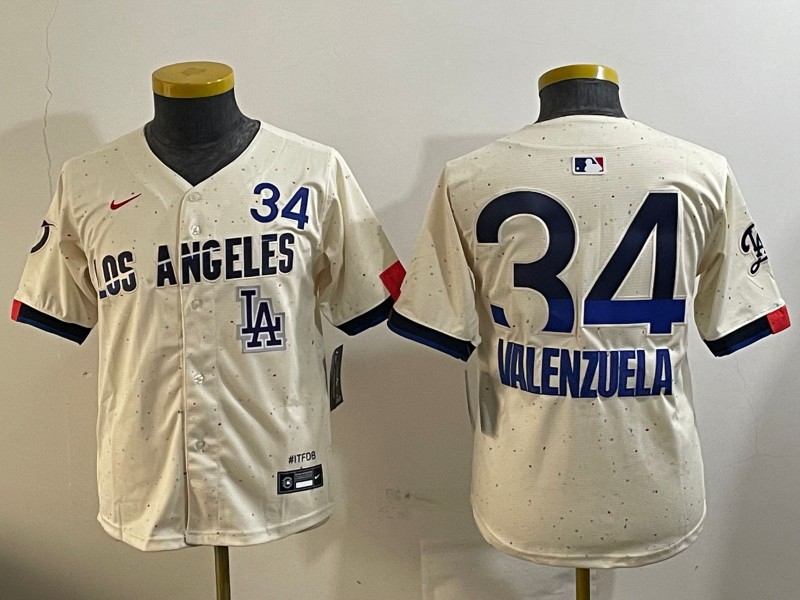 Youth Los Angeles Dodgers #34 Toro Valenzuela Cream LA 2024 City Connect Limited Stitched Baseball Jersey