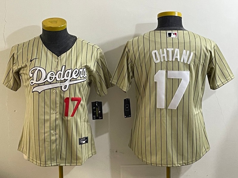 Women's Los Angeles Dodgers #17 Shohei Ohtani Cream Number Red Cool Base Stitched Baseball Jersey