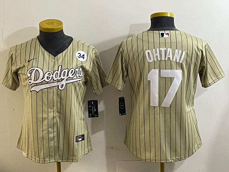 Women's Los Angeles Dodgers #17 Shohei Ohtani Cream With NO. 34 Patch Cool Base Stitched Baseball Jersey