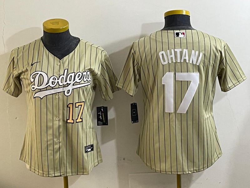 Women's Los Angeles Dodgers #17 Shohei Ohtani Cream Number Gold Cool Base Stitched Baseball Jersey
