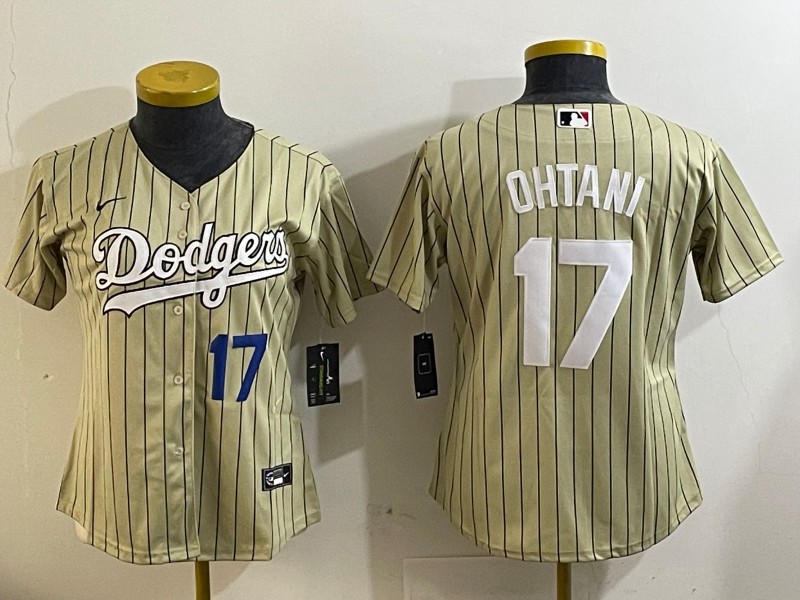 Women's Los Angeles Dodgers #17 Shohei Ohtani Cream Number Blue Cool Base Stitched Baseball Jersey