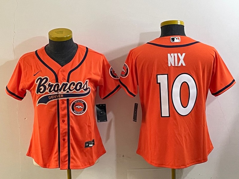 Women's Denver Broncos #10 Bo Nix Orange With Patch Cool Base Stitched Baseball Jerseys