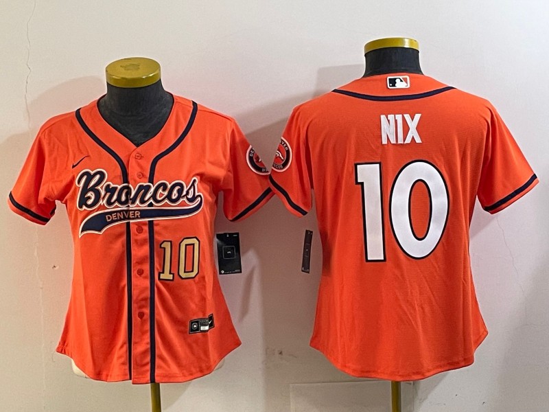 Women's Denver Broncos #10 Bo Nix Orange With Patch Number Cool Base Stitched Baseball Jersey