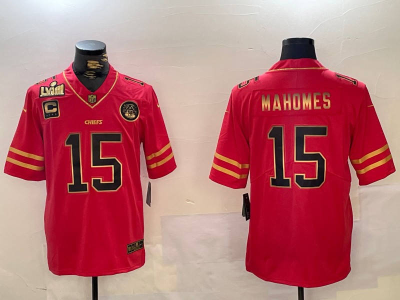 Men's Kansas City Chiefs #15 Patrick Mahomes Red Gold With C LVIII Patch Stitched Football Jersey
