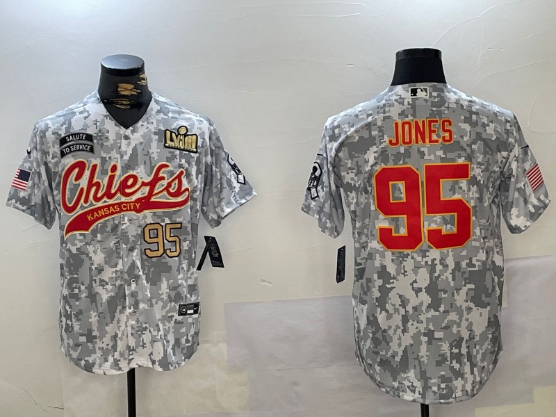 Men's Kansas City Chiefs #95 Chris Jones Number Arctic Camo 2024 Salute to Service With LVIII Patch Stitched Baseball Jersey