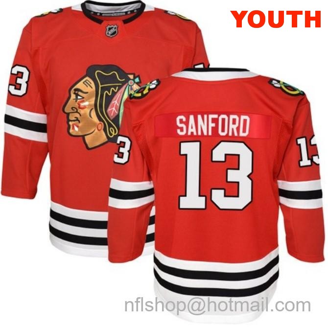 Kids Chicago Blackhawks #13 Zach Sanford Home Red Breakaway Stitched Hockey Jersey