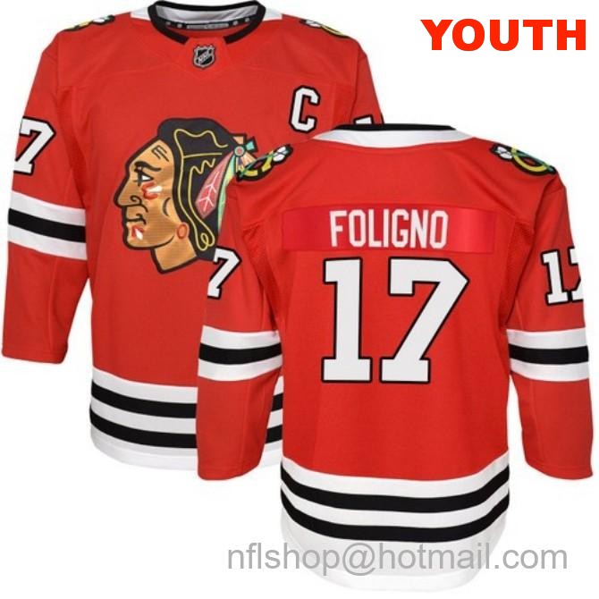 Kids Chicago Blackhawks #17 Nick Foligno Home Red Breakaway Stitched Hockey Jersey