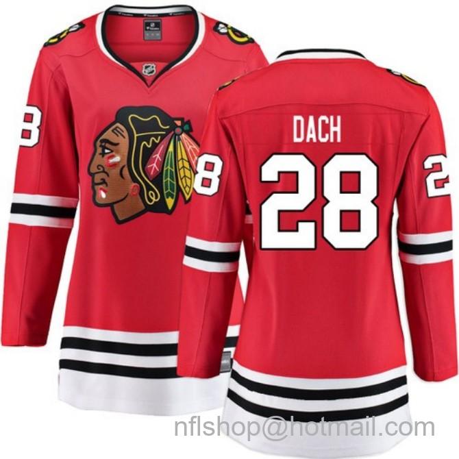 Women's #28 Colton Dach Chicago Blackhawks Women's Home Red Breakaway Stitched Hockey Jersey