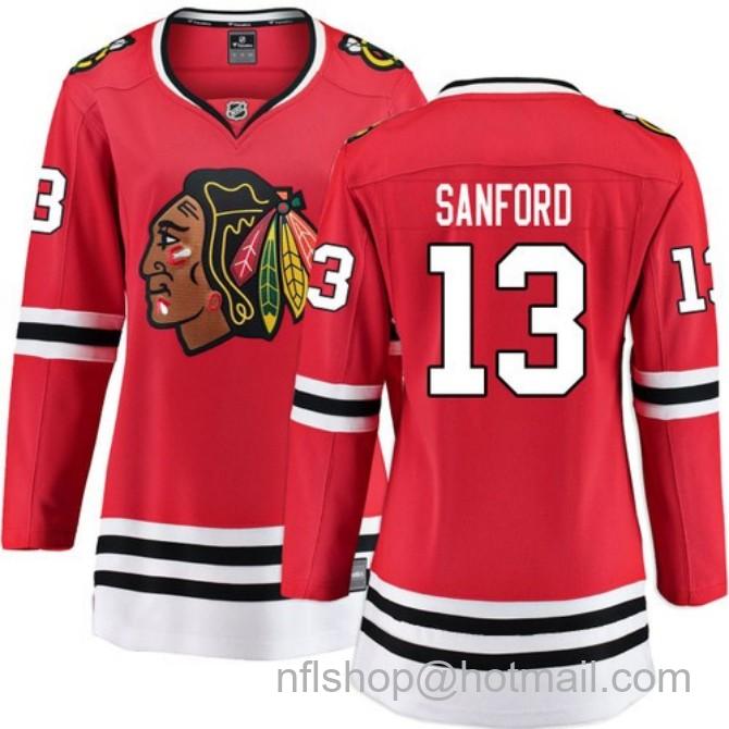 Women's #13 Zach Sanford Chicago Blackhawks Women's Home Red Breakaway Stitched Hockey Jersey