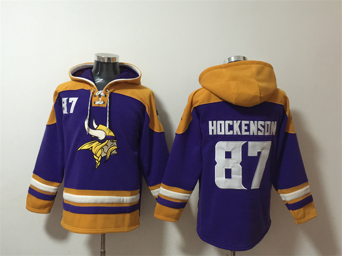 Men's Minnesota Vikings #87 T.J. Hockenson Purple_Yellow Ageless Must-Have Lace-Up Pullover Hoodie
