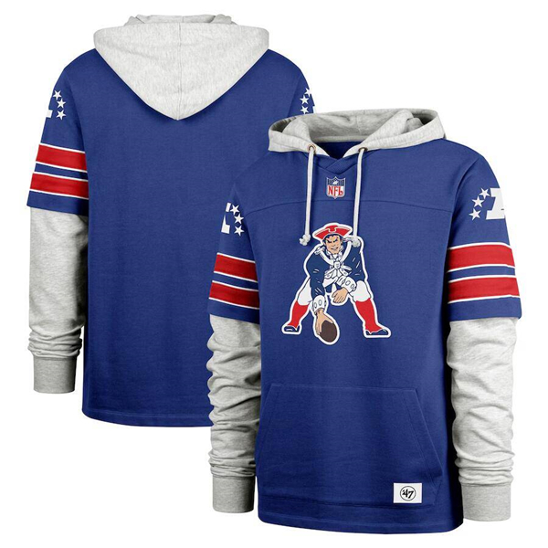 Men's New England Patriots Royal 47 Double Header Blitz Throwback Cornerback Pullover Hoodie