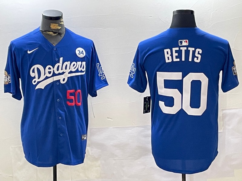 Men's Los Angeles Dodgers #50 Mookie Betts Royal 2024 World Series With No. 34 Patch Limited Stitched Baseball Jersey