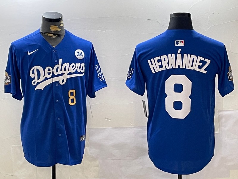 Men's Los Angeles Dodgers #8 Enrique Hernández Royal 2024 World Series With No. 34 Patch Limited Stitched Baseball Jersey 03