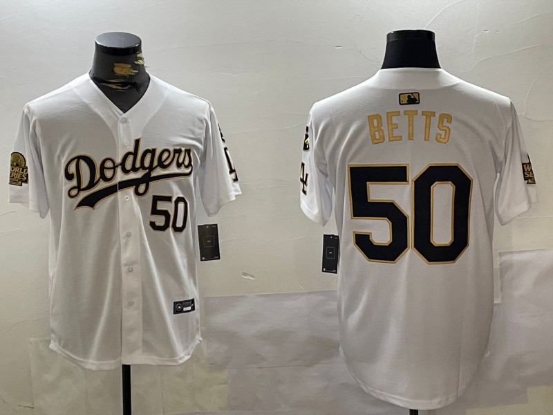 Men's Los Angeles Dodgers #50 Mookie Betts White Gold 2024 World Series With No. 34 Patch Limited Stitched Baseball Jersey