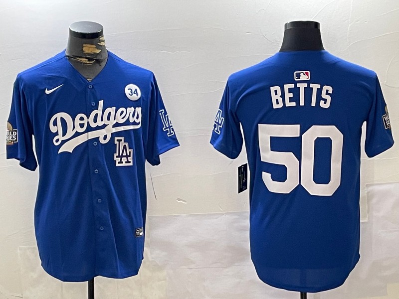 Men's Los Angeles Dodgers #50 Mookie Betts Royal 2024 World Series With No. 34 Patch Limited Stitched Baseball Jersey 04