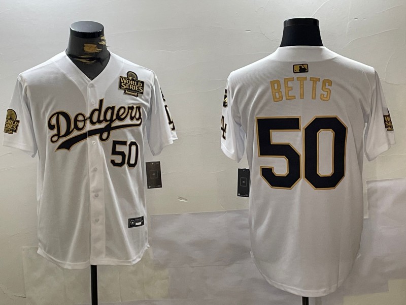 Men's Los Angeles Dodgers #50 Mookie Betts White Gold 2024 World Series With No. 34 Patch Limited Stitched Baseball Jerseys