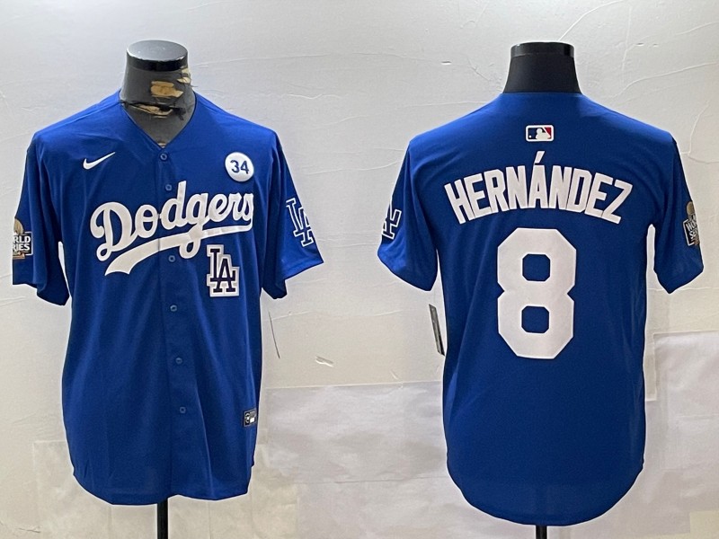 Men's Los Angeles Dodgers #8 Enrique Hernández Royal 2024 World Series With No. 34 Patch Limited Stitched Baseball Jersey 04