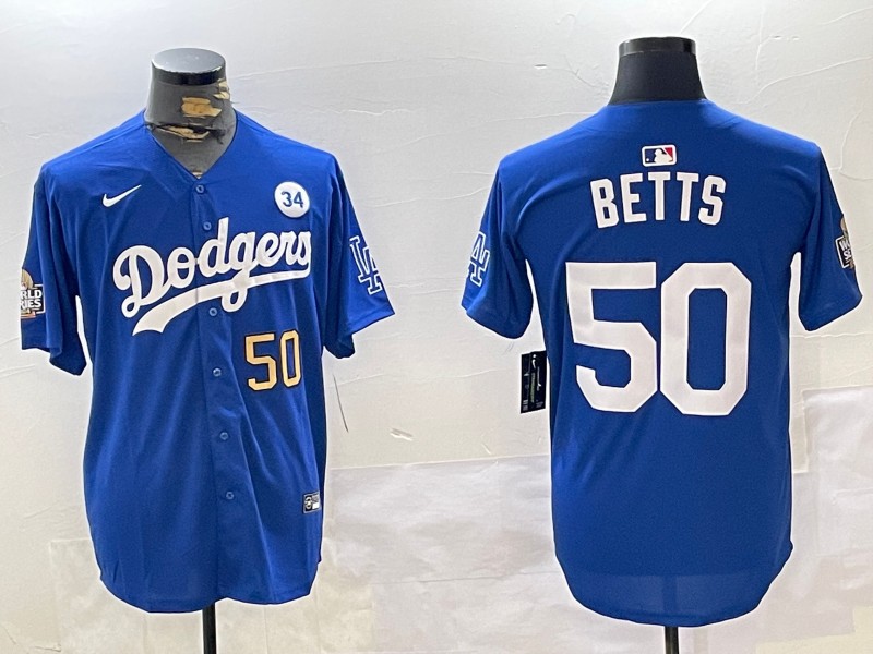 Men's Los Angeles Dodgers #50 Mookie Betts Royal 2024 World Series With No. 34 Patch Limited Stitched Baseball Jersey 03