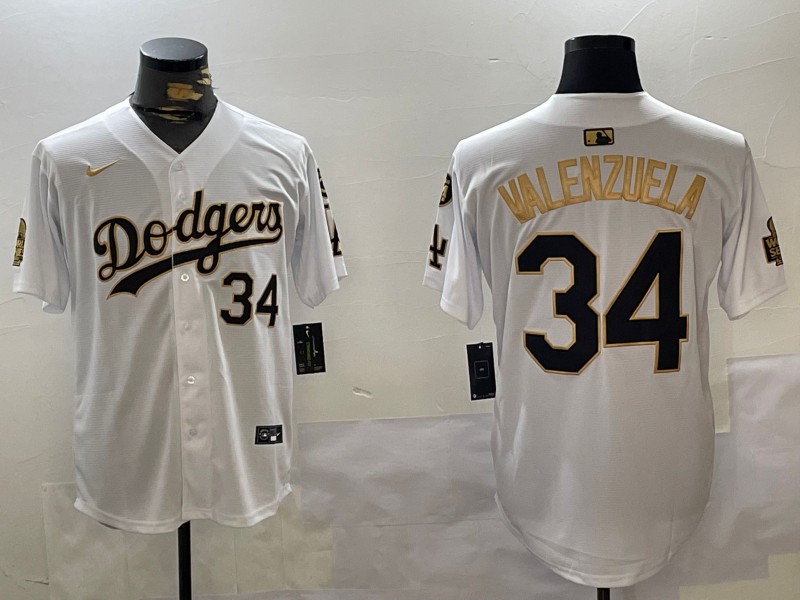Men's Los Angeles Dodgers #34 Fernando Valenzuela White Gold 2024 World Series With No. 34 Patch Limited Stitched Baseball Jersey