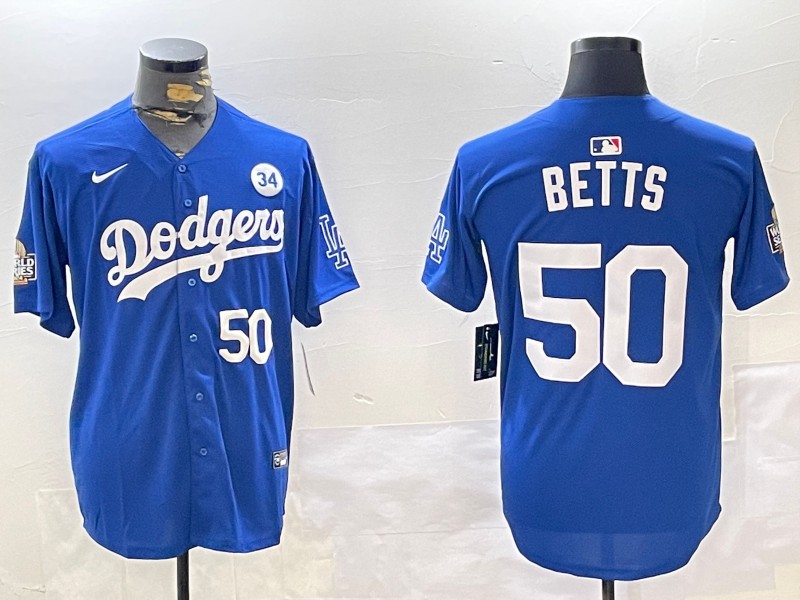 Men's Los Angeles Dodgers #50 Mookie Betts Royal 2024 World Series With No. 34 Patch Limited Stitched Baseball Jersey 05