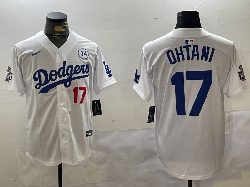 Men's Los Angeles Dodgers #17 Shohei Ohtani White 2024 World Series With No. 34 Patch Limited Stitched Baseball Jersey