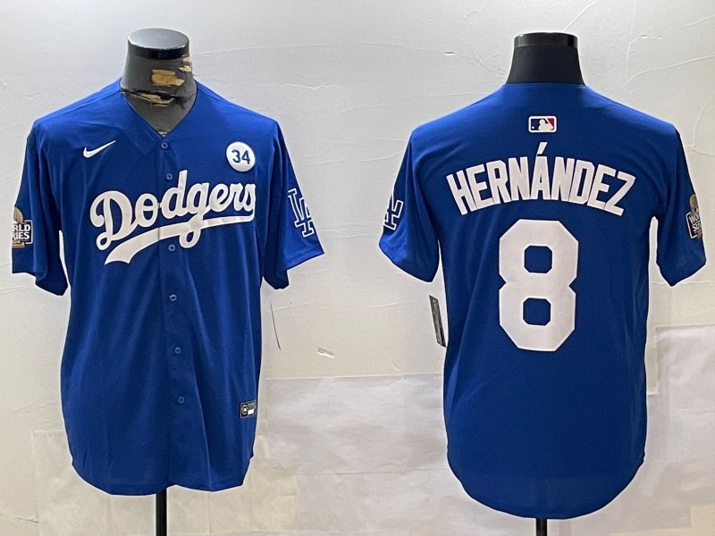 Men's Los Angeles Dodgers #8 Enrique Hernández Royal 2024 World Series With No. 34 Patch Limited Stitched Baseball Jerseys