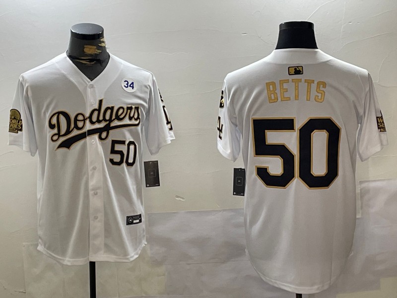 Men's Los Angeles Dodgers #50 Mookie Betts White Gold 2024 World Series With No. 34 Patch Limited Stitched Baseball Jersey 03