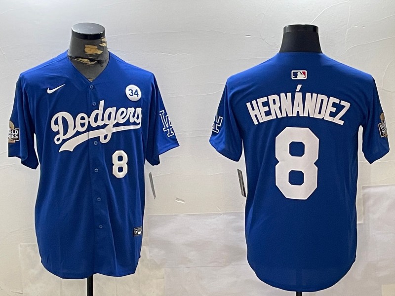 Men's Los Angeles Dodgers #8 Enrique Hernández Royal 2024 World Series With No. 34 Patch Limited Stitched Baseball Jersey 05