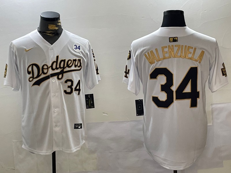 Men's Los Angeles Dodgers #34 Fernando Valenzuela White Gold 2024 World Series With No. 34 Patch Limited Stitched Baseball Jerseys