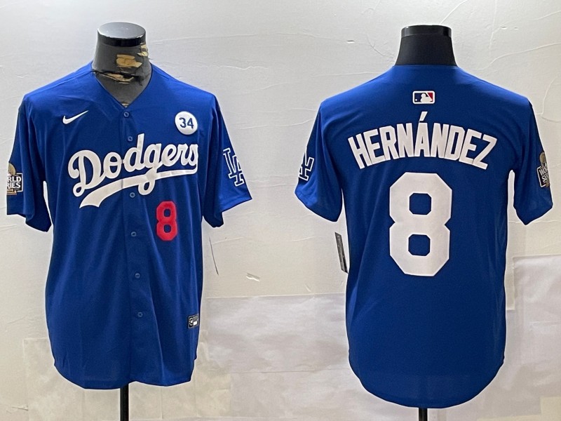 Men's Los Angeles Dodgers #8 Enrique Hernández Royal 2024 World Series With No. 34 Patch Limited Stitched Baseball Jersey