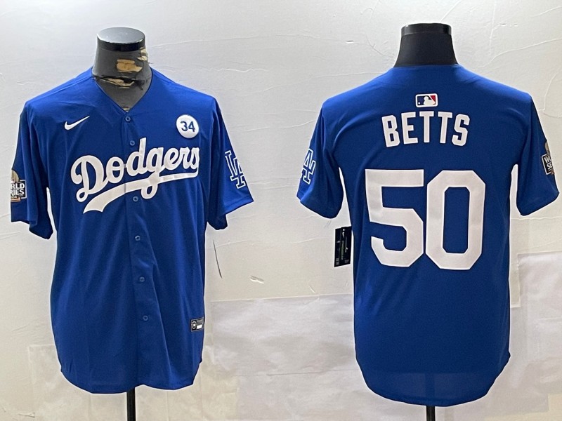 Men's Los Angeles Dodgers #50 Mookie Betts Royal 2024 World Series With No. 34 Patch Limited Stitched Baseball Jerseys