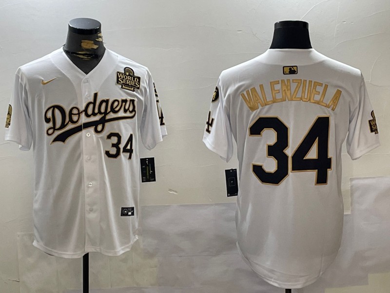 Men's Los Angeles Dodgers #34 Fernando Valenzuela White Gold 2024 World Series With No. 34 Patch Limited Stitched Baseball Jersey 03