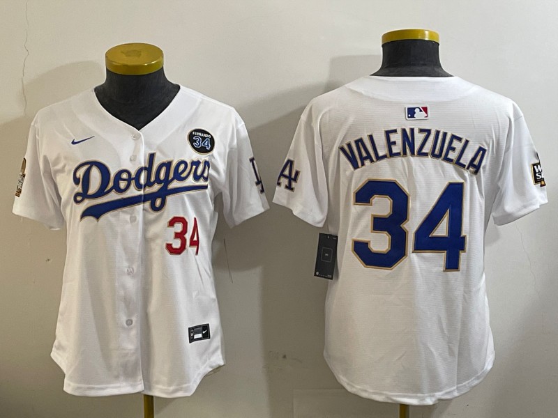 Women's Los Angeles Dodgers #34 Fernando Valenzuela White Gold 2024 World Series With No. 34 Patch Limited Stitched Baseball Jersey