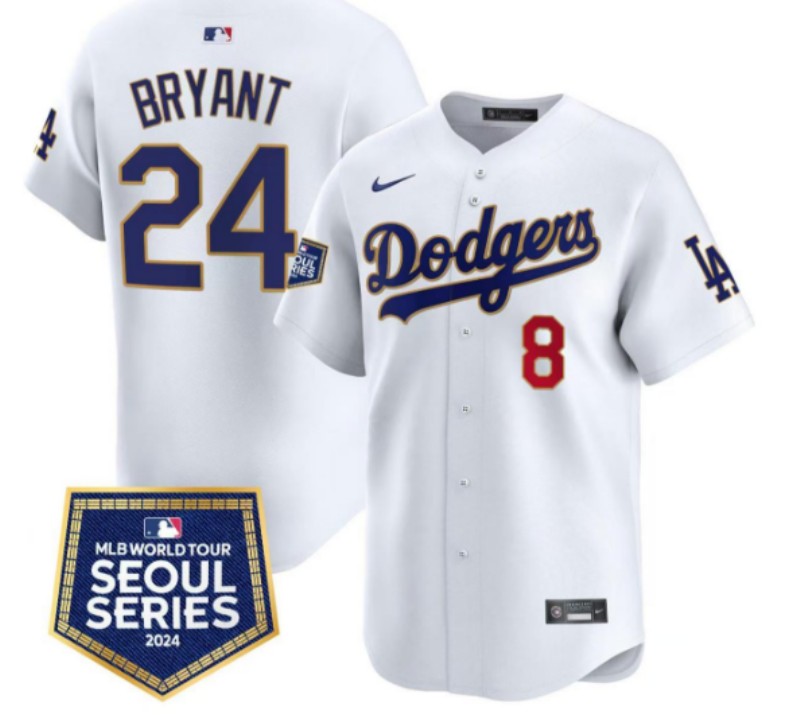 Men's Los Angeles Dodgers #24 #8 Kobe Bryant White Gold 2024 World Tour Seoul Series Patch Limited Stitched Baseball Jersey