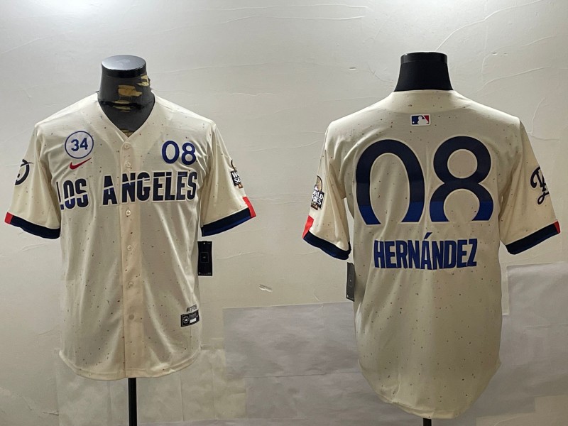 Men's Los Angeles Dodgers #8 Enrique Hernandez Cream City Connect With 2024 World Series NO. 34 Patch Limited Stitched Baseball Jersey