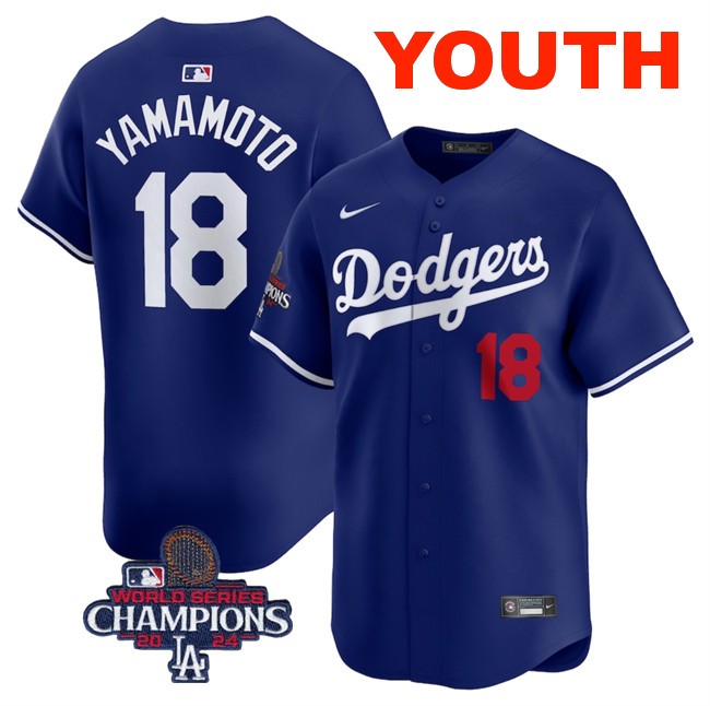 Youth Los Angeles Dodgers #18 Yoshinobu Yamamoto Royal 2024 World Series Champions Alternate Limited Stitched Baseball Jersey