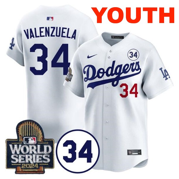Youth Los Angeles Dodgers #34 Toro Valenzuela White 2024 World Series With No. 34 Patch Limited Stitched Baseball Jersey