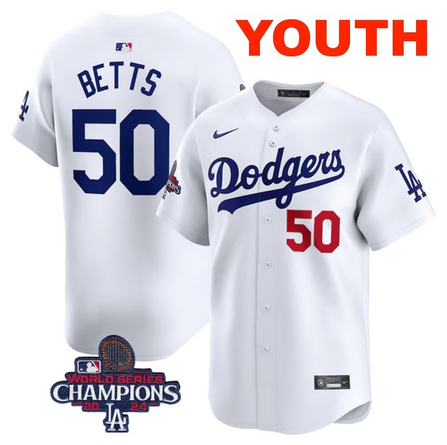 Youth Los Angeles Dodgers #50 Mookie Betts White 2024 World Series Champions Home Limited Stitched Baseball Jersey