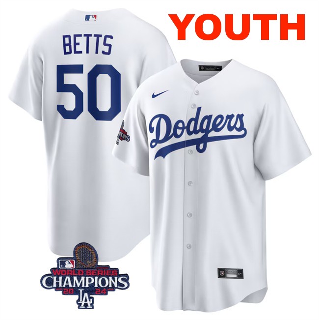 Youth Los Angeles Dodgers #50 Mookie Betts White 2024 World Series Champions Cool Base Stitched Baseball Jersey