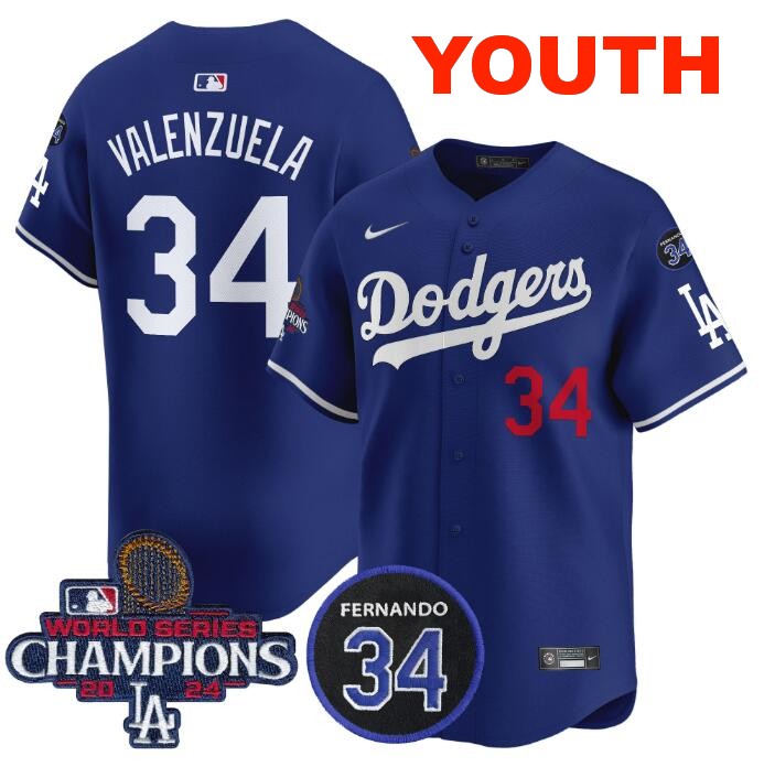 Youth Los Angeles Dodgers Active Player Cuatom Royal 2024 World Series Champions With Fernando Memorial Patch Alternate Limited Stitched Baseball Jersey