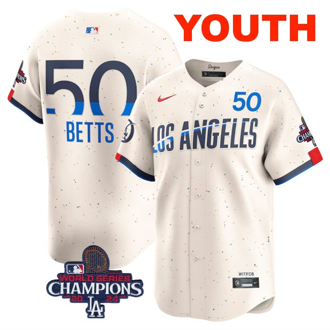 Youth Los Angeles Dodgers #50 Mookie Betts Cream 2024 World Series Champions City Connect Limited Stitched Baseball Jersey