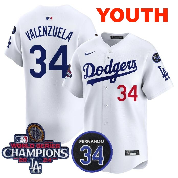 Youth Los Angeles Dodgers Active Player Cuatom White 2024 World Series Champions With Fernando Memorial Patch Home Limited Stitched Baseball Jersey