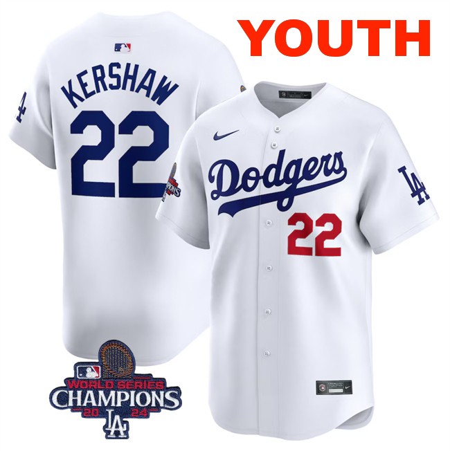 Youth Los Angeles Dodgers #22 Clayton Kershaw White 2024 World Series Champions Home Limited Stitched Baseball Jersey
