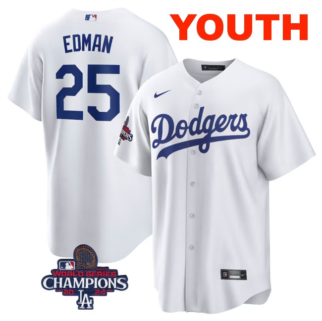 Youth Los Angeles Dodgers #25 Tommy Edman White 2024 World Series Champions Cool Base Stitched Baseball Jersey