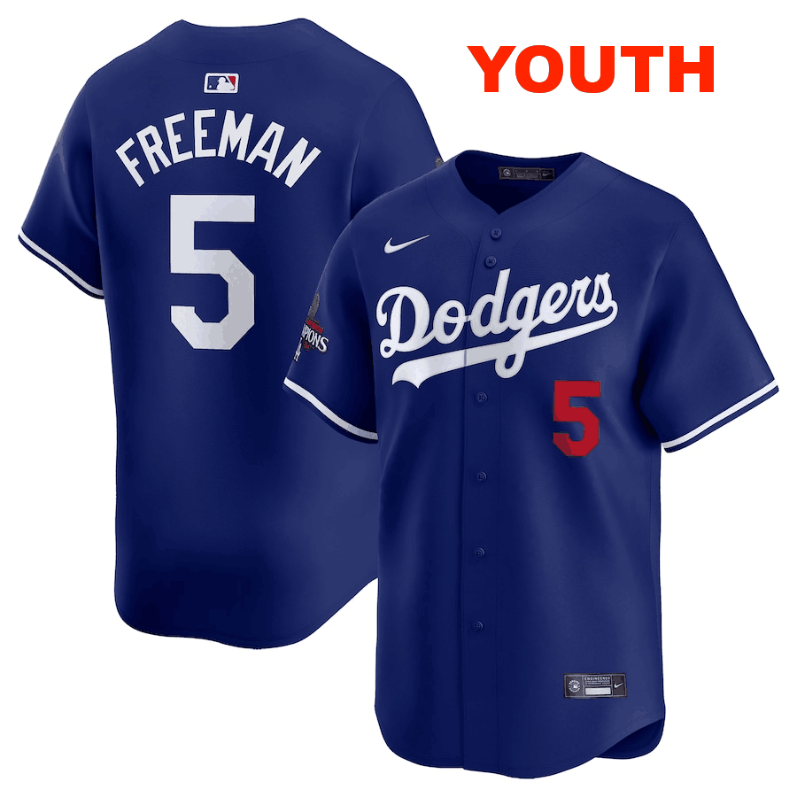 Youth Los Angeles Dodgers #5 Freddie Freeman Royal 2024 World Series Champions Alternate Limited Stitched Baseball Jersey