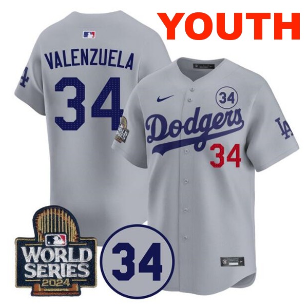 Youth Los Angeles Dodgers #34 Toro Valenzuela Gray 2024 World Series With No. 34 Patch Limited Stitched Baseball Jersey