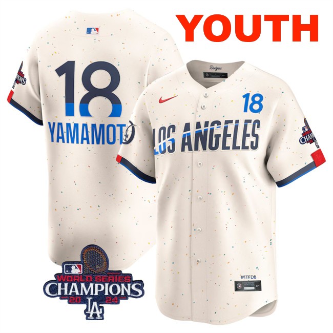 Youth Los Angeles Dodgers #18 Yoshinobu Yamamoto Cream 2024 World Series Champions City Connect Limited Stitched Baseball Jersey