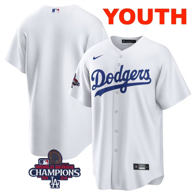 Youth Los Angeles Dodgers Blank White 2024 World Series Champions Cool Base Stitched Baseball Jersey